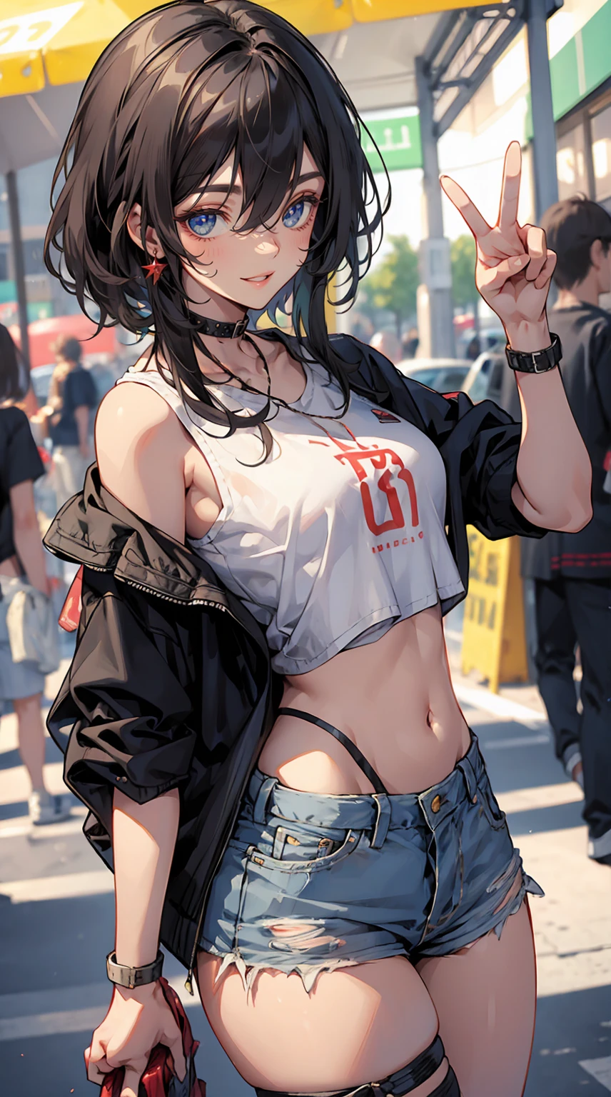(Masterpiece:1.2), Best Quality, pixiv, cool girl, glorious, by rubio, street, Short shorts, big chest