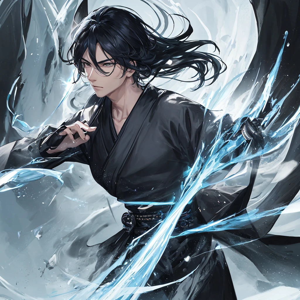 clearing, here is the description focused only on the character Gabriel:
Gabriel is standing, displaying a majestic and powerful presence. He wears an elegant black kimono, decorated with subtle details that combine samurai and ancient Chinese elements. His katana is a blade of vibrant blue energy, emitting a pulsating electric glow around you. Gabriel's wings are made of pure energy, similar to luminous feathers that radiate a soft, heavenly light. In your firm and determined stance, Gabriel personifies the combination of elegance and strength, standing out as a celestial being in his own right.