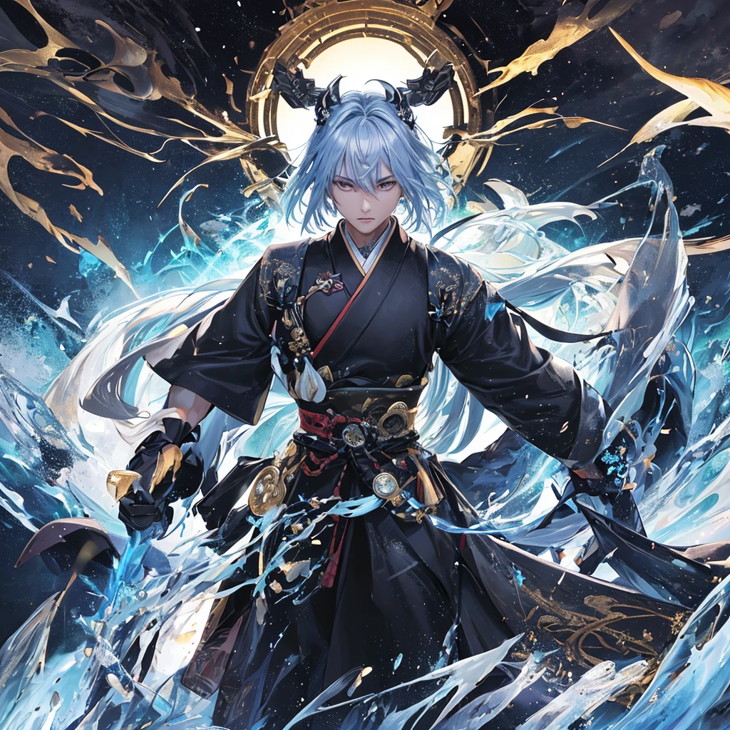 clearing, here is the description focused only on the character Gabriel:

Gabriel is standing, displaying a majestic and powerful presence. He wears an elegant black kimono, decorated with subtle details that combine samurai and ancient Chinese elements. His katana is a blade of vibrant blue energy, emitting a pulsating electric glow around you. Gabriel&#39;s wings are made of pure energy, similar to luminous feathers that radiate a soft, heavenly light. In your firm and determined stance, Gabriel personifies the combination of elegance and strength, standing out as a celestial being in his own right.