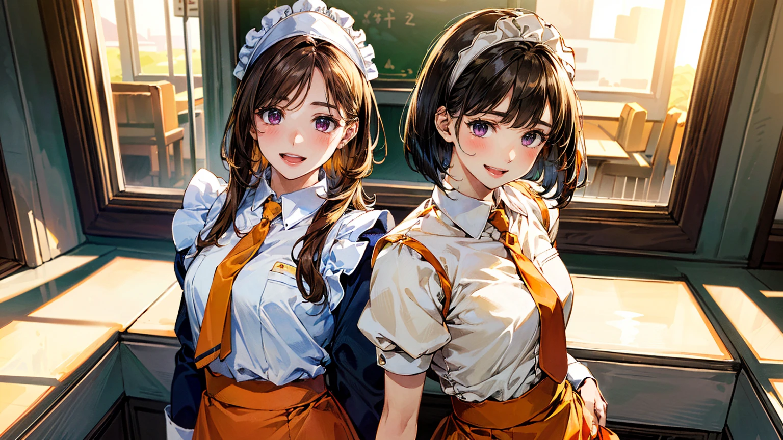 (masterpiece:1.2, top-quality), (realistic, photorealistic:1.4), beautiful illustration, (natural side lighting, movie lighting), ,
looking at viewer, (face focus, upper body), 1 girl, high school girl, japanese, perfect face, perfect anatomy, cute and symmetrical face, small face, round face, shiny skin,
(short hair:1.6, bob cut:1.5, brown hair, view diagonally from the right), asymmetrical bangs, purple eyes, long eye lasher, (middle breasts), slender,
beautiful hair, beautiful face, beautiful detailed eyes, beautiful clavicle, beautiful body, beautiful chest, beautiful thigh, beautiful legs, beautiful fingers,
((symmetrical clothing, (waitress uniform:1.2), orange yellow uniform, yellow sleeves, orange skirt, orange necktie, white apron, sun visor)),
(beautiful scenery), depth of field, morning, (fast food shops), ((wave your right hand)), girl posing in front of window, (happy smile, open mouth),