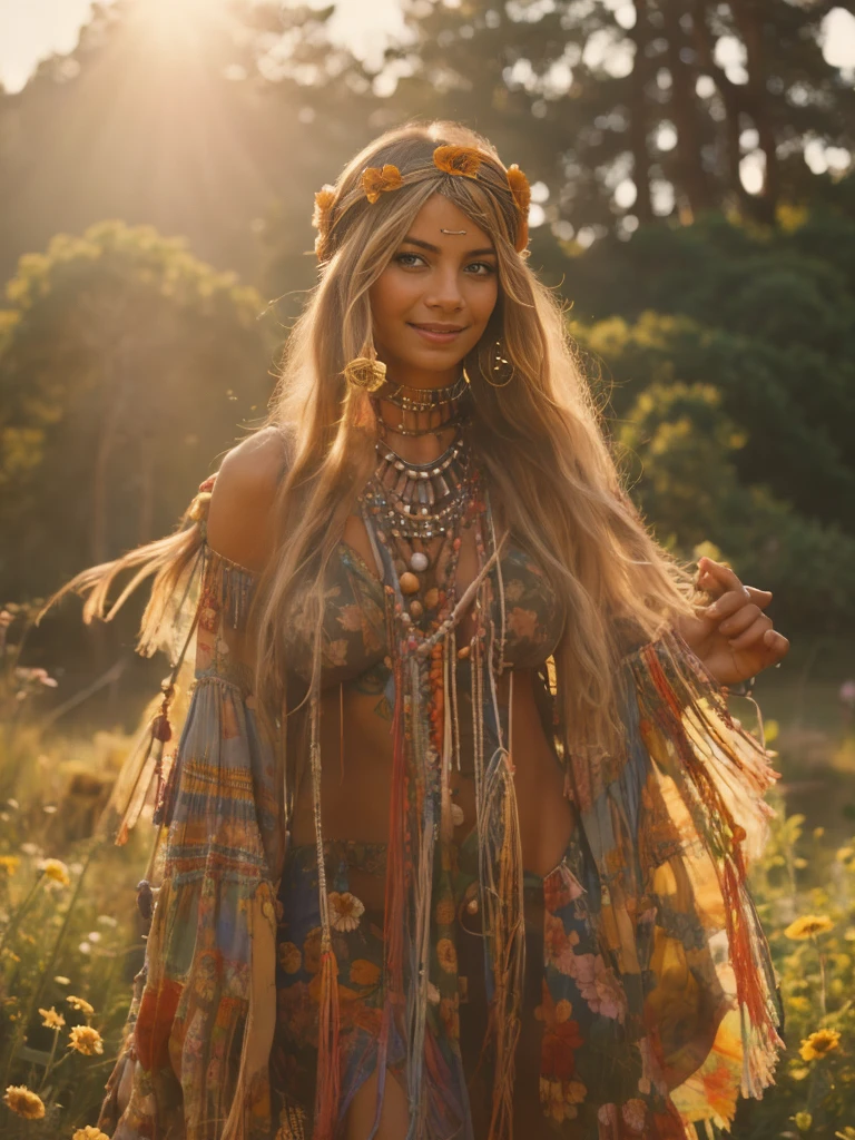 Hyper-realistic photo of totally naked woman with fringed accessories. She wears a headband or a flower crown. The setting is a bohemian-inspired outdoor music festival or a tranquil nature setting, capturing the free-spirited, laid-back vibe of the era 60Retro69Punch75, facing the camera, photo taken from a distance