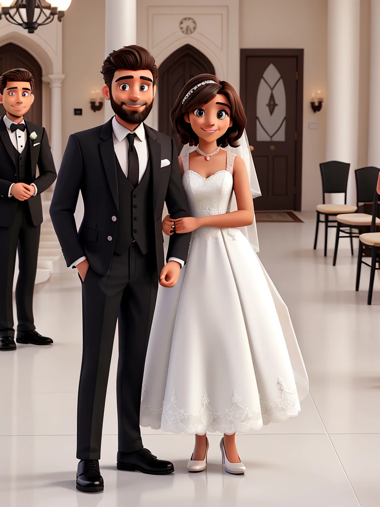 A man in a black suit with short hair styled to the side and a beard, and a woman with long light brown hair wearing a white wedding dress. Happy couple smiling.