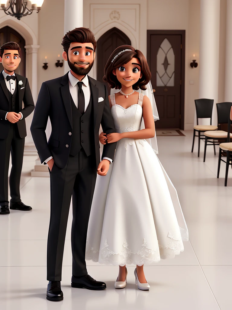A man in a black suit with short hair styled to the side and a beard, and a woman with long light brown hair wearing a white wedding dress. Happy couple smiling.