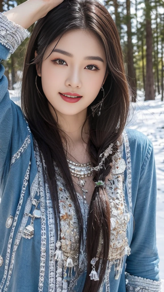 (8K,best quality,masterpiece:1.2),Ultra-high detail,Professional lighting,best quality,Ultra-high resolution,Visually stunning,Character Close-up,A woman smiling with closed mouth,Her long sleeves swayed gently with her movements,The picture formed by the snowy scenery and dead trees in the background,Showing the unique charm of ancient beauties,Real human skin,(Perfect body 1.3)Super delicate face。