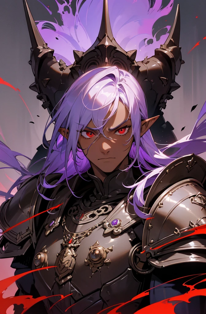 masterpiece, best quality, ultra high res, dark theme, 1boy, (dungeonpunk armor), (mechanical steampunk armor), (wearing armor), fantasy illustration, dark skinned, human, upper body, portrait, red eyes, long white hair, half-drow, pointy ears, serious face, young man, dramatic lighting, purple hue, art by Kinema Citrus