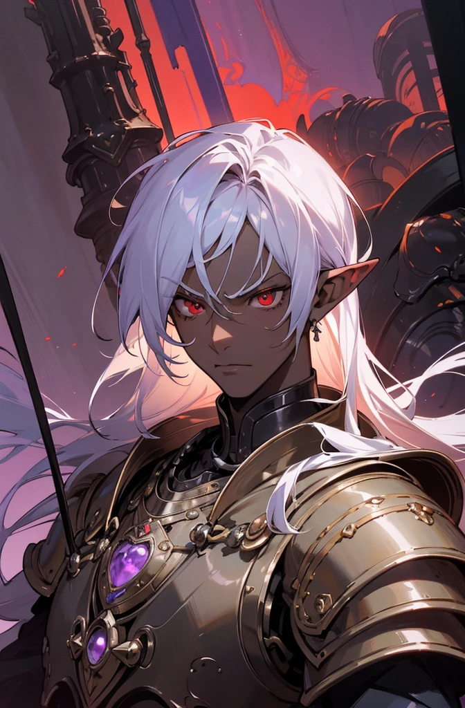 masterpiece, best quality, ultra high res, dark theme, 1boy, (dungeonpunk armor), (mechanical steampunk armor), (wearing armor), fantasy illustration, dark skinned, human, upper body, portrait, red eyes, long white hair, half-drow, pointy ears, serious face, young man, dramatic lighting, purple hue, art by Kinema Citrus