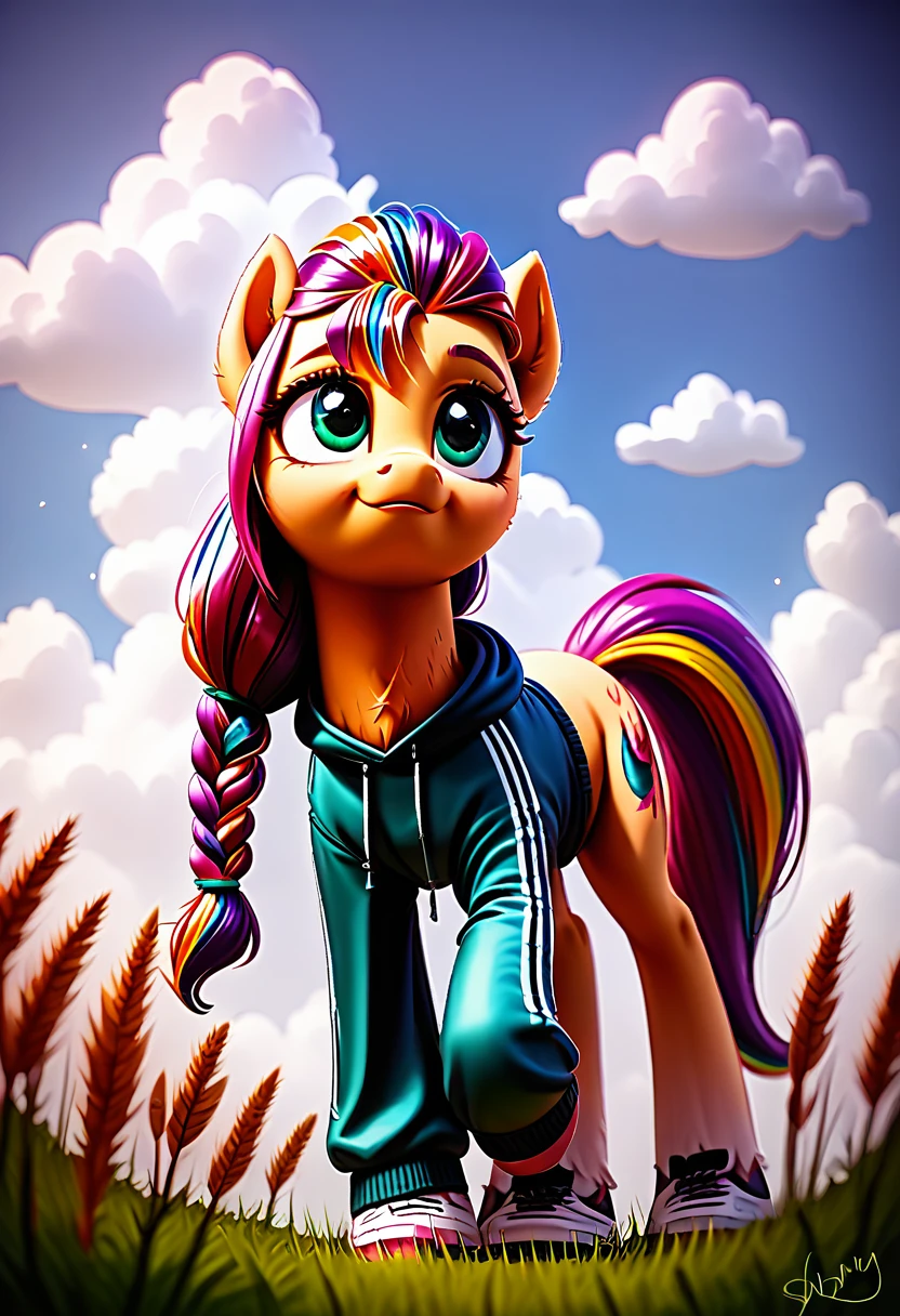 Sunny Starscout, Pony, Sweatshirt, Nike Brand symbol, (White Background background: Full), very cute, detailed mane and fur, fluffy, (body fur), blurry, beautiful, cloudy_Sky cloud,Sky, day, high detail, digital art style, soft diffusion, dutch angle,