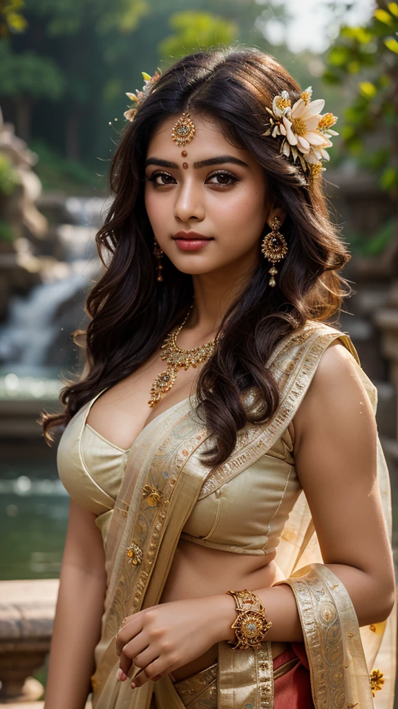 masterpiece), (best quality:1.7), (finely detailed eyes and detailed face), (detail:1.3, best quality, (ultra-detailed), (an extremely delicate and beautiful),cinematic light,dynamic angle,floating, (best quality:1.3),((disheveled hair:1.2),(beautiful detailed eyes:1.1), Indian teen girl, wearing saree , cleavage full , big breast , charming face , seductive pose, temple meadows waterfall background , bokeh , flower on hair
