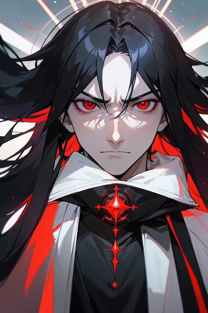 "Create an artwork of Alfred, King of the Gods and Emperor of the Humans, with sharp red eyes and flowing black hair. He wears regal attire reminiscent of celestial royalty, exuding an aura of both power and arrogance. Capture the essence of his somber and disdainful demeanor as he gazes upon the mortal realm from his heavenly throne."
