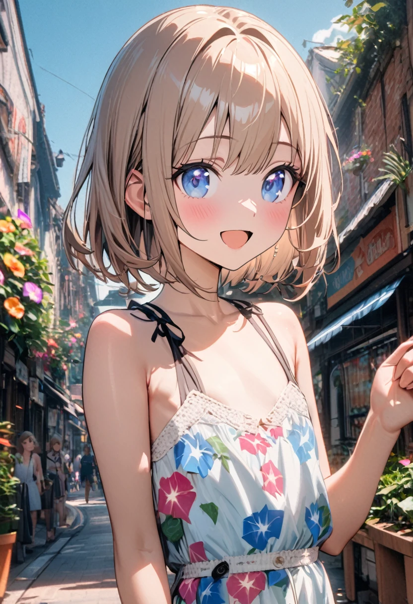 1 girl, 18yo, (flat chest: 1.5), blue eyes, light brown hair, bob cut, summer outfit, smile, open mouth, many potted morning glories, colorful morning glory flowers, upper body, shopping street, bule sky, 8k, RAW photo, best quality, masterpiece, extremely detailed 8k wallpaper, ultra-detailed, best shadow, detailed background, beautiful detailed face, beautiful detailed eyes, nice hands, perfect hands
