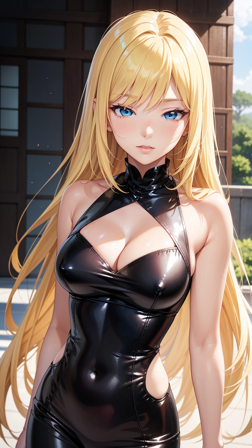 a woman with long blonde hair and blue eyes posing for a picture, an anime drawing by Yang J, trending on pixiv, fantastic realism, realistic young anime girl, attractive anime girl, blonde anime girl with long hair, beautiful anime girl, long blonde hair and large eyes, hyper realistic anime, seductive anime girl, beautiful alluring anime woman, beautiful anime woman