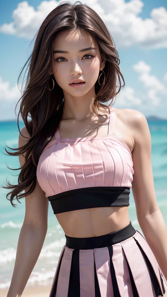 (highest quality, 8K, Award-winning work, ultra high resolution), one beautiful woman, (pink crop top:1.5), (black Short pleated skirt:1.3), Exactly, straight brown hair, cleavage, Look at me, (medium breasts:1.1), (Most emphasize the body line:1.1), accurate anatomy, ultra high definition hair, Perfect and beautiful teeth in ultra high resolution, Ultra high definition beauty face, ultra high definition hair, ultra high-resolution beautiful skin, ultra high resolution, beach background