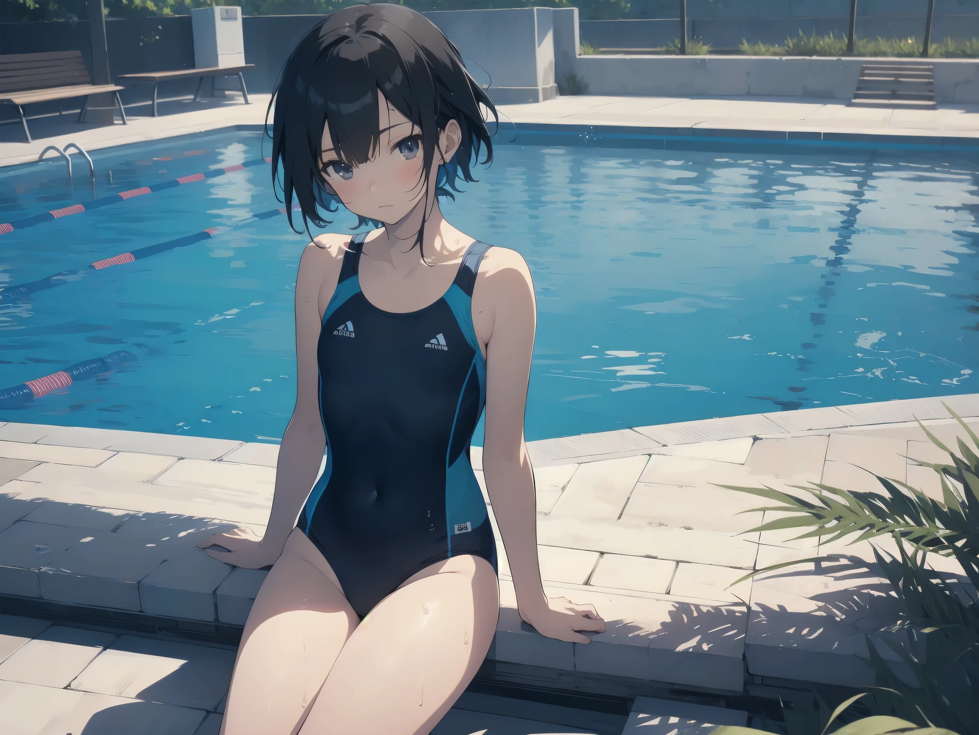 ultra-Top-quality by art God, ultra-detailed, high resolution, shinkai makoto style, anime moe artstyle, best anime 8k konachan wallpaper, pixiv contest winner, perfect anatomy, break,(Please draw a picture of a girl in a swimsuit sitting on a bench by the poolside alone.),break, a hyperrealistic school girl, parted lips, (Solo,ta, kid, 13-year-old:1.3),Full limbs, complete fingers, androgynous charm, very short hair, wet hair, small breasts,slender body, Small butt, groin, Small black eyes,hanme,beautiful detailed eyes, well-proportioned iris and pupils, sleepily, highres detailed hair, swimsuit, wet swimsuit, bare shoulders, thighs, in the school pool. break,dewy skin, perspiration on the skin,skin texture, fine lines, pores, natural imperfections,light reflections, glossy skin, shiny skin,break,super detailed skin, shiny skin, Best lighting powered by famous artist, 8k, illustration,UHD, textured skin,break,((artist:toosaka_asagi )), artist:clamp ,artist:carnelian ,artist:kantoku ,
