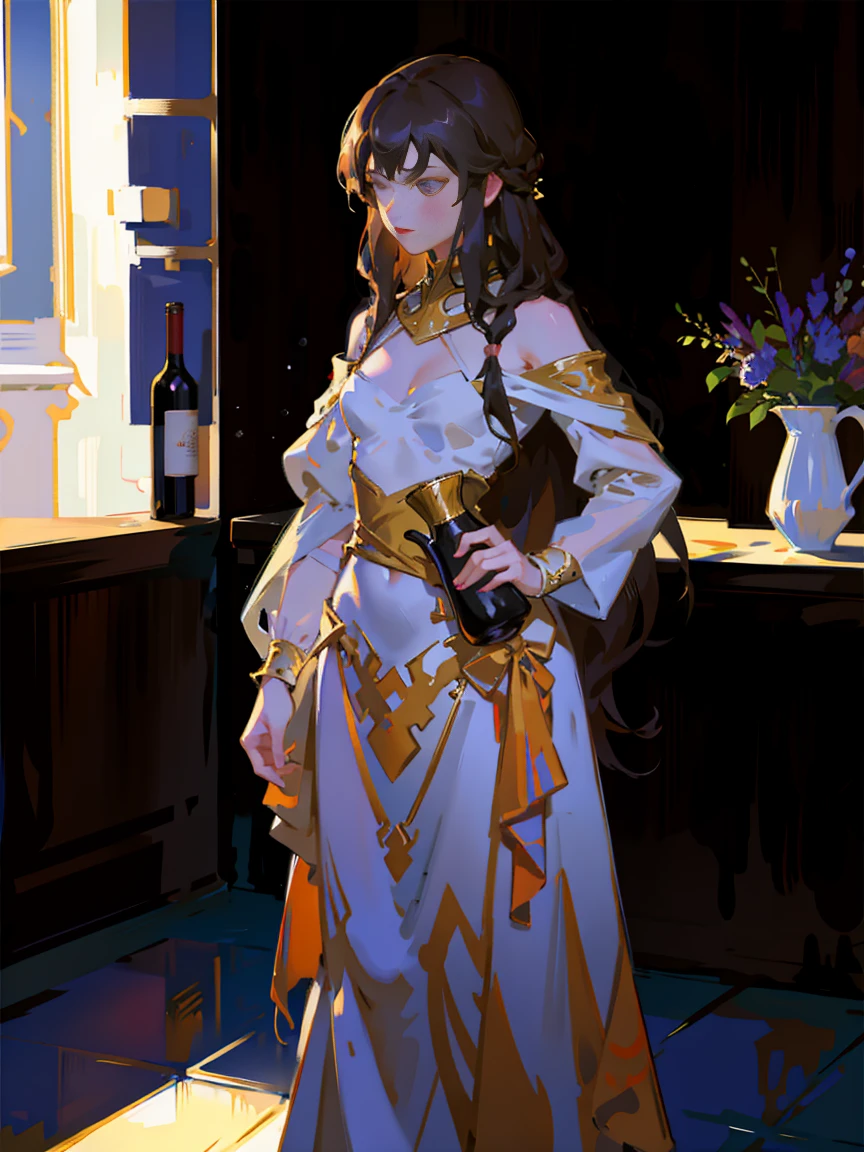 Standing with full body leaning,(Drawing of a girl holding a wine jug), (Jürgens simple white dress (Mandy Jurgens) Realistic paintings created, , Figurative Art, A detailed description, Realistically, A work of art,