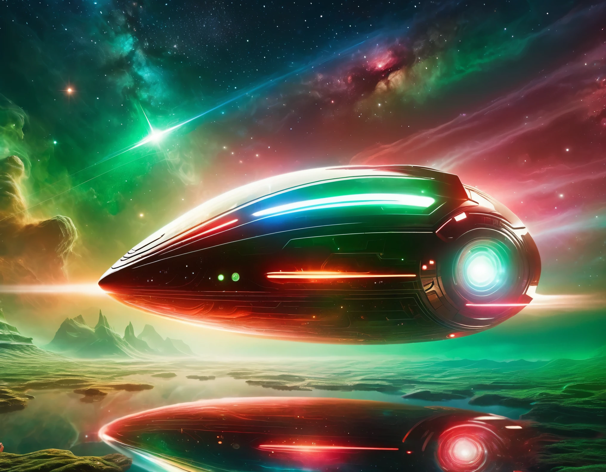 "A futuristic starship gliding through a starry cosmic background, transitioning from green to red hues. The starship features a circular saucer section, an elongated body, and engine-like nacelles, with a detailed metallic exterior and vibrant lights."