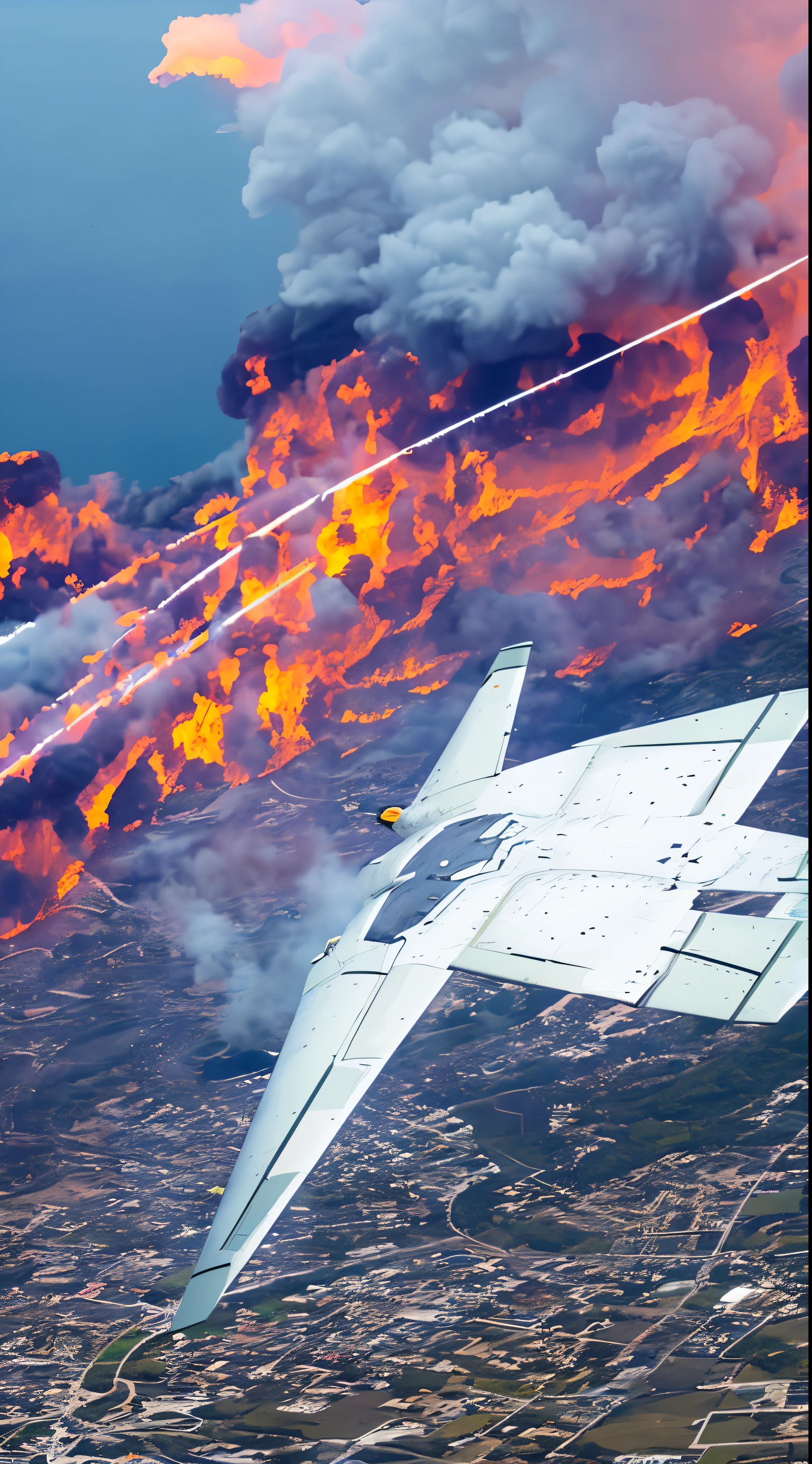 with high definition images，A scene from a movie,A supersonic bomber, the XB-70 Valkyrie, is seen flying high into enemy territory.