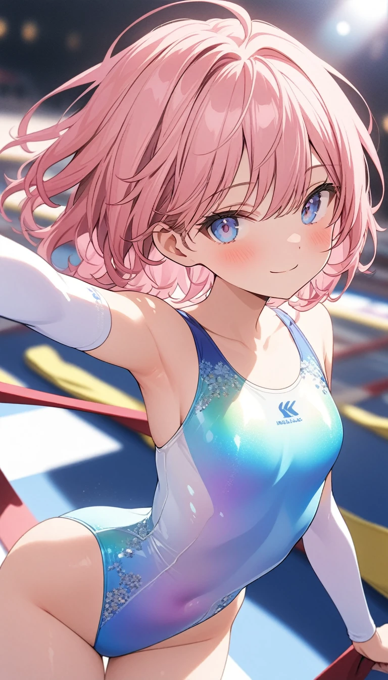 highquality illustration, masterpiece, very delicate and beautiful, attractive girl,(gymnastics leotard, Floral patterns leotard,long sleeve leotard with glittery decoration,high_leg leotard,athletic leotard,tight-fit leotard,iridescent gradient leotard,long-sleeve leotard),thin,slender body,slim,high school,gymnasium background,gymnastics club,gymnastics athlete,princess, beautiful eyes,light smile,(masterpiece, best quality:1.2), highres, extremely detailed CG unity 8k wallpaper, perfect lighting, Colourful, ultra-high res,4K,ultra-detailed, photography, 8K, HDR, 17 ages, full body,