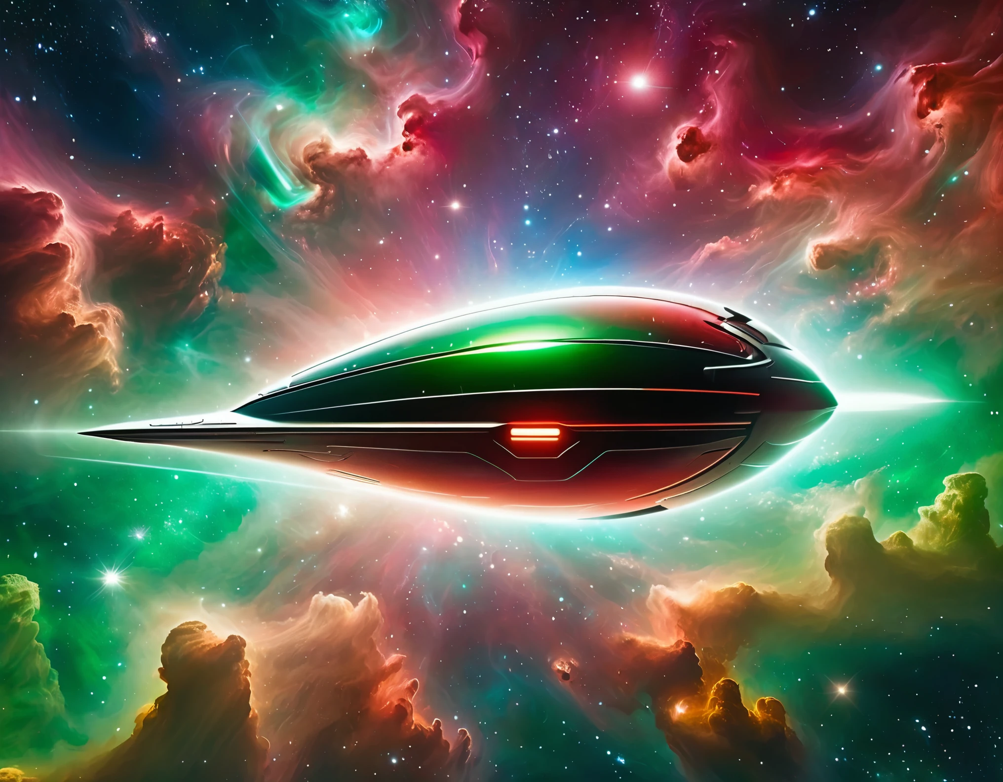 "A futuristic starship gliding through a starry cosmic background, transitioning from green to red hues. The starship features a circular saucer section, an elongated body, and engine-like nacelles, with a detailed metallic exterior and vibrant lights."