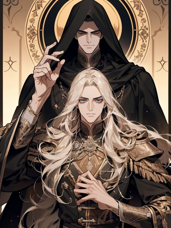 The character described is a tall, Homem musculoso, with an imposing appearance. Ele tem olhos de cor carmesim, que emanam um brilho intenso e cativante. They have long hair,It's completely white, adding an element of distinction to your look. Ele usa um casaco preto,Cobre a maior parte do seu corpo, giving it an air of elegance and mystery. Por baixo do sobretudo, Ele estava primorosamente vestido、Adapted clothing, which further underscore his athletic figure. Essas roupas, although they are not specified, convey the idea of sophistication and good taste. The man in question emanates a mysterious and haunting aura, implying that there is something intriguing and enigmatic about him. His presence is intense and imposing, able to hold the attention of the people around you. Behind him, revela-se um mundo em chamas. This image suggests that it has some connection to destruction and chaos, perhaps being a figure related to the catastrophic outcome or darkness. Para cobrir seu rosto, He wears a solid white mask, que esconde completamente sua identidade, leaving only his crimson eyes visible. This mask adds an enigmatic and sinister touch to your appearance, suggesting that he has secrets or hidden intentions. No geral, This character is portrayed as an enigmatic figure, poderosa e sombria, whose presence is marked by mystery, Grandeur and a sweeping world on fire.S,arte inicial, arte inicial, league of legends arte inicial, Artisticamente, pinceladas, obra-prima, 8k, ultra-detalhado, hard disk,