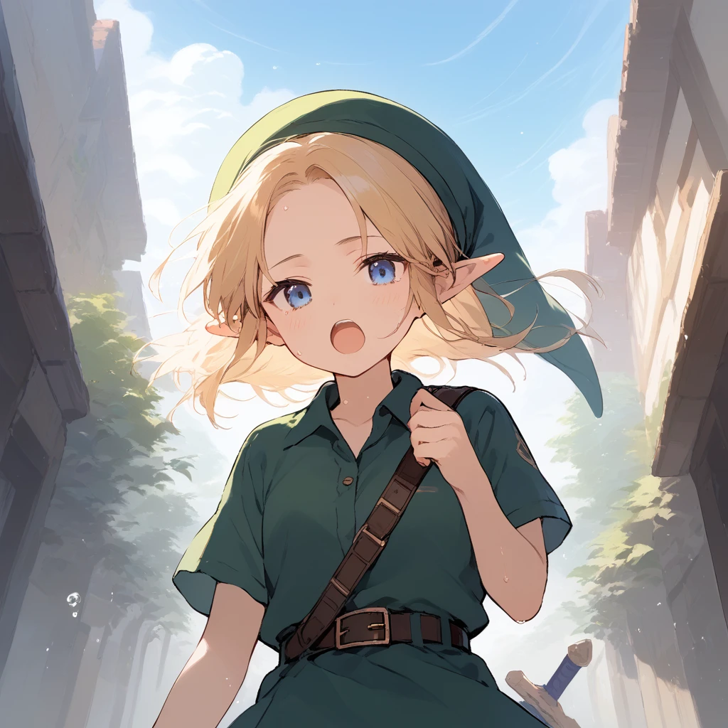 score_9, score_8_up, score_7_up, source_anime, best quality, masterpiece, official art, absurdres, highres, ultra-detailed,waifu2x,Collection: Slice of Life,break,1girl, YoungLink, small breasts, blonde hair, green tunic, pointy ears, hat, solo, blue eyes,green_headwear belt, sword, sweat, open mouth, (yawn:0.3), sleepily, outdoors, wind,break,(clear line illustration:1.2), super detailed skin,very high resolution, very aesthetic, Best sexual lighting powered by famous artist, 8k,cute picture,beauty illustration,photoshop_(medium),,(Detailed Lighting),best anime 8k konachan wallpaper, pixiv contest winner, 