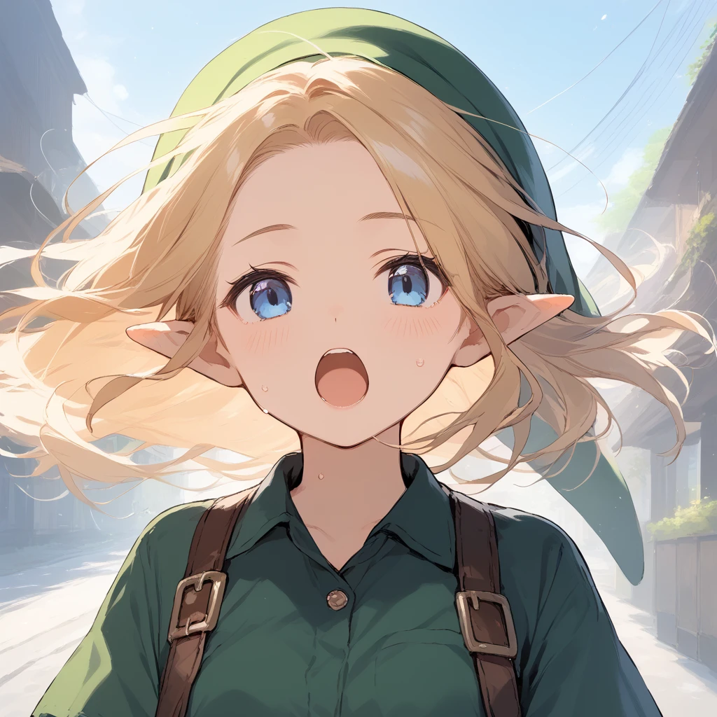 score_9, score_8_up, score_7_up, source_anime, best quality, masterpiece, official art, absurdres, highres, ultra-detailed,waifu2x,Collection: Slice of Life,break,1girl, YoungLink, small breasts, blonde hair, green tunic, pointy ears, hat, solo, blue eyes,green_headwear belt, sword, sweat, open mouth, (yawn:0.3), sleepily, outdoors, wind,break,(clear line illustration:1.2), super detailed skin,very high resolution, very aesthetic, Best sexual lighting powered by famous artist, 8k,cute picture,beauty illustration,photoshop_(medium),,(Detailed Lighting),best anime 8k konachan wallpaper, pixiv contest winner,