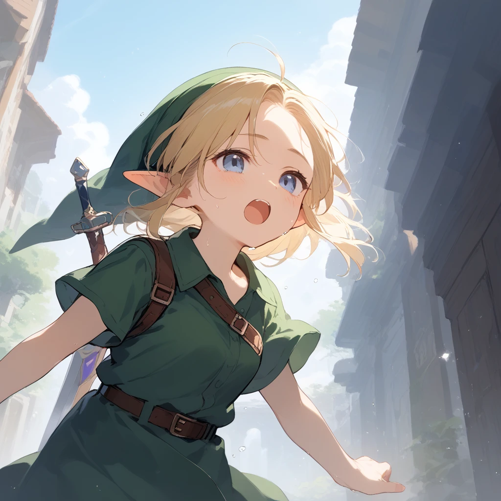 score_9, score_8_up, score_7_up, source_anime, best quality, masterpiece, official art, absurdres, highres, ultra-detailed,waifu2x,Collection: Slice of Life,break,1girl, YoungLink, small breasts, blonde hair, green tunic, pointy ears, hat, solo, blue eyes,green_headwear belt, sword, sweat, open mouth, (yawn:0.3), sleepily, outdoors, wind,break,(clear line illustration:1.2), super detailed skin,very high resolution, very aesthetic, Best sexual lighting powered by famous artist, 8k,cute picture,beauty illustration,photoshop_(medium),,(Detailed Lighting),best anime 8k konachan wallpaper, pixiv contest winner,