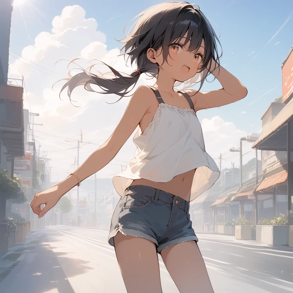 score_9, score_8_up, score_7_up, source_anime, best quality, masterpiece, official art, absurdres, highres, ultra-detailed,waifu2x,Collection: Slice of Life,break,1girl, tomboy, dark-skinned female, short hair, low ponytail, flat chest, beautiful detailed eyes, short shorts, sweat, open mouth, (yawn:0.3), sleepily, outdoors, wind,break,(clear line illustration:1.2), super detailed skin,very high resolution, very aesthetic, Best sexual lighting powered by famous artist, 8k,cute picture,beauty illustration,photoshop_(medium),,(Detailed Lighting),best anime 8k konachan wallpaper, pixiv contest winner,