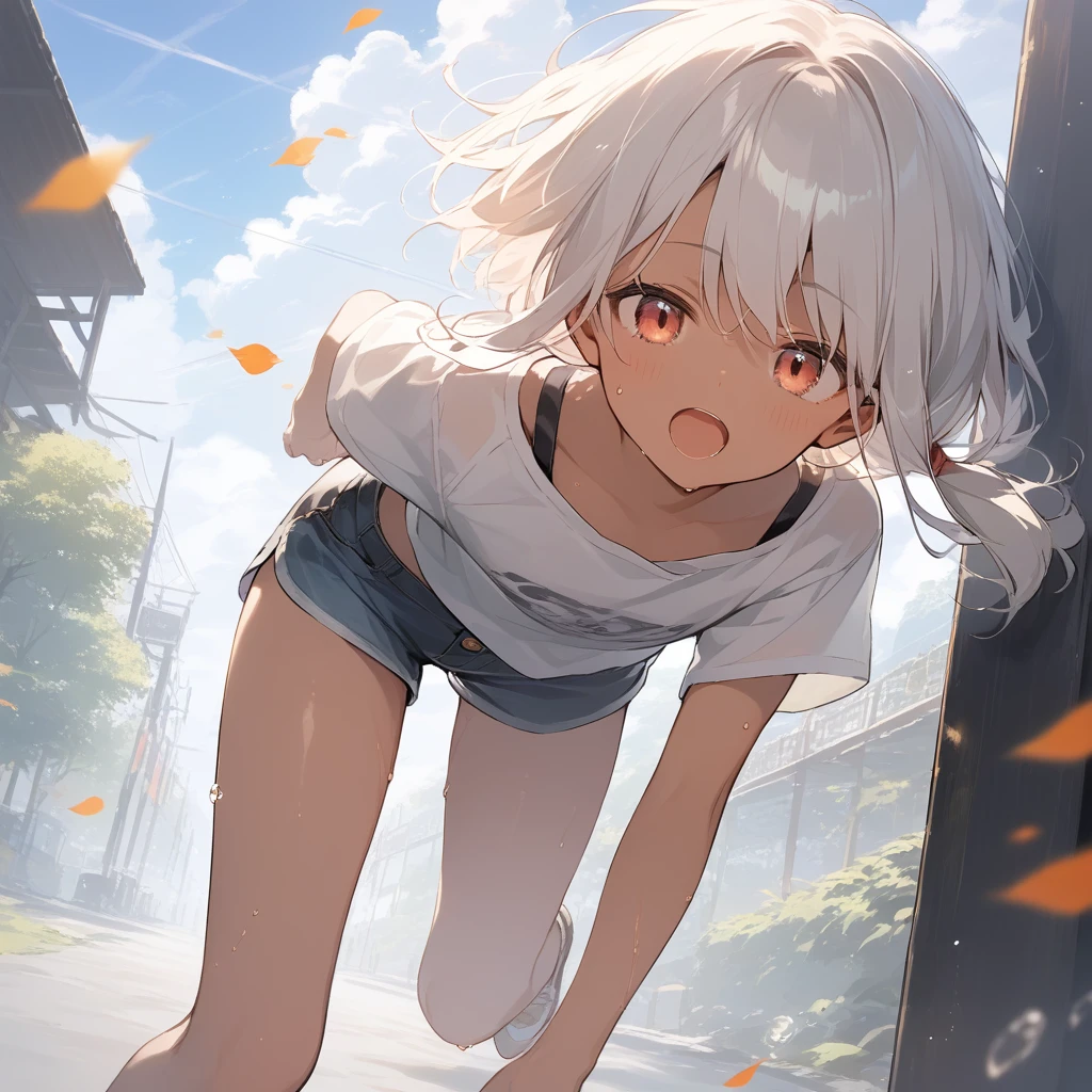 score_9, score_8_up, score_7_up, source_anime, best quality, masterpiece, official art, absurdres, highres, ultra-detailed,waifu2x,Collection: Slice of Life,break,1girl, tomboy, dark-skinned female, short hair, low ponytail, flat chest, beautiful detailed eyes, short shorts, sweat, open mouth, (yawn:0.3), sleepily, outdoors, wind,break,(clear line illustration:1.2), super detailed skin,very high resolution, very aesthetic, Best sexual lighting powered by famous artist, 8k,cute picture,beauty illustration,photoshop_(medium),,(Detailed Lighting),best anime 8k konachan wallpaper, pixiv contest winner,