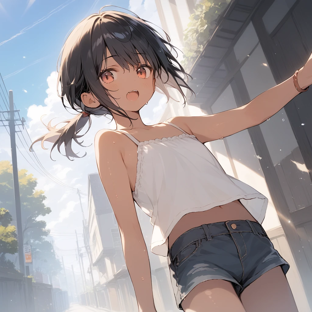 score_9, score_8_up, score_7_up, source_anime, best quality, masterpiece, official art, absurdres, highres, ultra-detailed,waifu2x,Collection: Slice of Life,break,1girl, tomboy, dark-skinned female, short hair, low ponytail, flat chest, beautiful detailed eyes, short shorts, sweat, open mouth, (yawn:0.3), sleepily, outdoors, wind,break,(clear line illustration:1.2), super detailed skin,very high resolution, very aesthetic, Best sexual lighting powered by famous artist, 8k,cute picture,beauty illustration,photoshop_(medium),,(Detailed Lighting),best anime 8k konachan wallpaper, pixiv contest winner, 