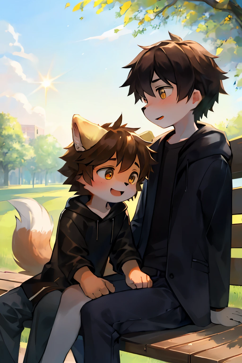A young boy, dressed in casual attire, is playing with a lovable, fluffy dog. The dog, with its shiny black coat and bright, sparkling eyes, is sitting obediently by his side. Its ears are perked up, and its tail is wagging in excitement. The boy, with messy, sun-kissed brown hair, is petting the dog gently, both of them having fun on a sunny day at the park. The scene is beautifully captured, with bright colors and sharp details, highlighting the joy and playfulness of their moment together. [Quality: 1.4, Details: 1.2, Artwork of a: 0.8]