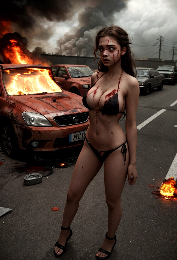 busty ager, escaping from zombies, with very small bikini, scared, big breasts, strong wind in her hair, blood stain on the floor, cars set on fire, very cloudy day 