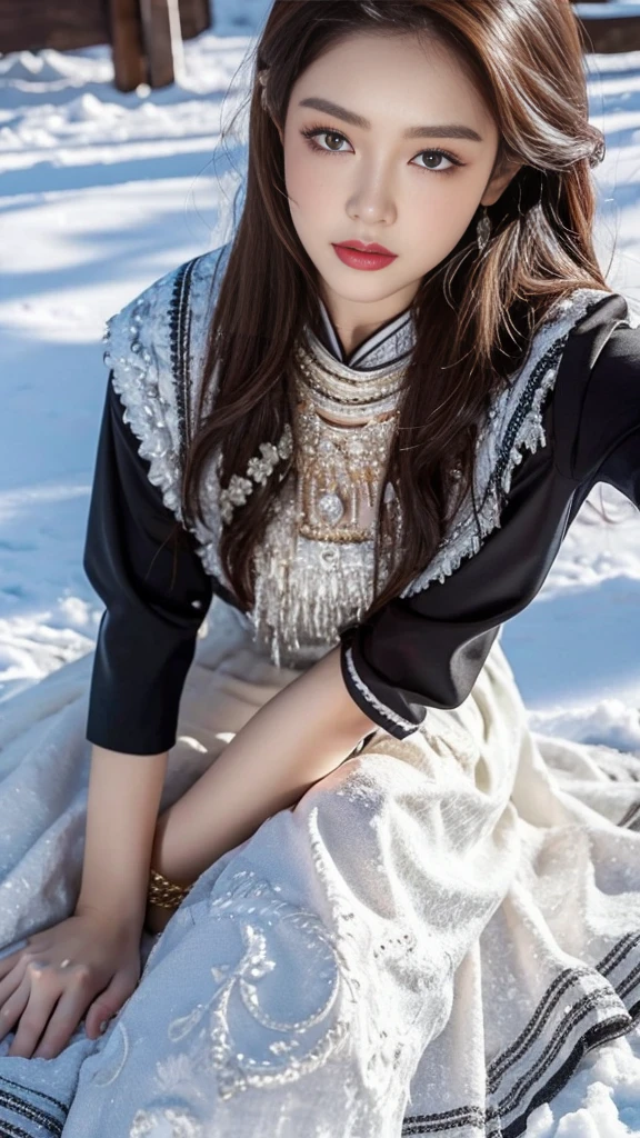 (8K,best quality,masterpiece:1.2),Ultra-high detail,Professional lighting,best quality,Ultra-high resolution,Visually stunning,Character Close-up,A woman sitting on the snow,Her long skirt spread out in a perfect circle on the ground.,Her face looked even softer in the light of the snow.,The whole scene is like a beautiful 8K painting,Real human skin,(Perfect body 1.3)Super delicate face。
