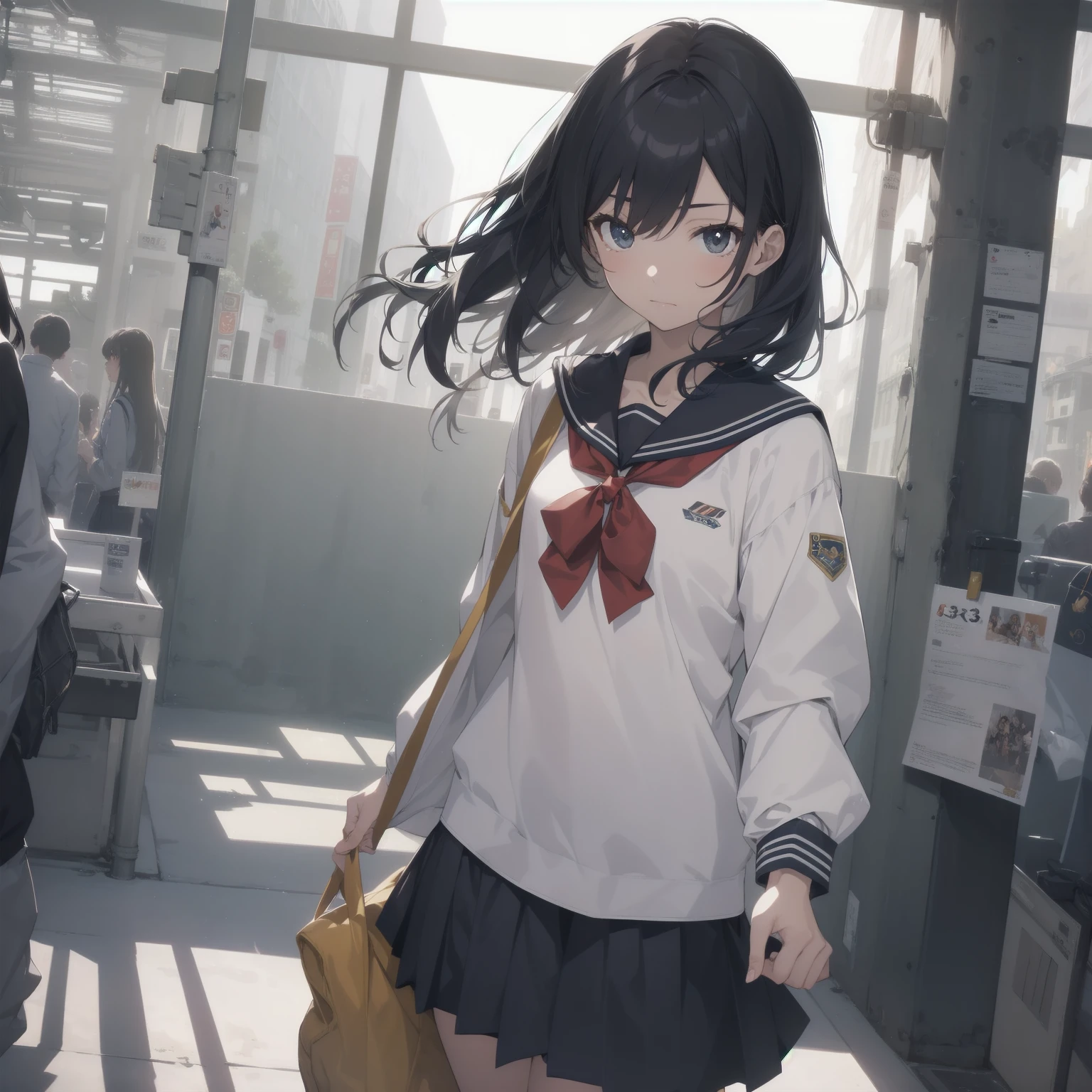ultra-absurdres-Top quality by artist God, ultra-detailed, high resolution, anime moe artstyle, best anime 8k konachan wallpaper, pixiv contest winner, pool:2810, perfect anatomy,break, 1girl, (Please draw a girl walking sleepily to school alone. )break,(Solo,little female, 13-year-old:1.3),Full limbs, complete fingers,a junior high school student, (very short hair), short cut, flat chest, , small butt, small black eyes, beautiful detailed eyes, well-proportioned iris and pupils, expressive eyes, highres detailed hair, soft expression, salor school_uniform, sailor collar, serahuku, bow, pleated skirt,(Detailed Lighting), (Detailed background), in the School commute route. break,super detailed skin, Best cinematic lighting powered by famous artist, 8k,beauty illustration,photoshop_(medium),very aesthetic,break,((artist:hana_kazari )), artist:clamp ,artist:carnelian ,artist:kantoku ,
