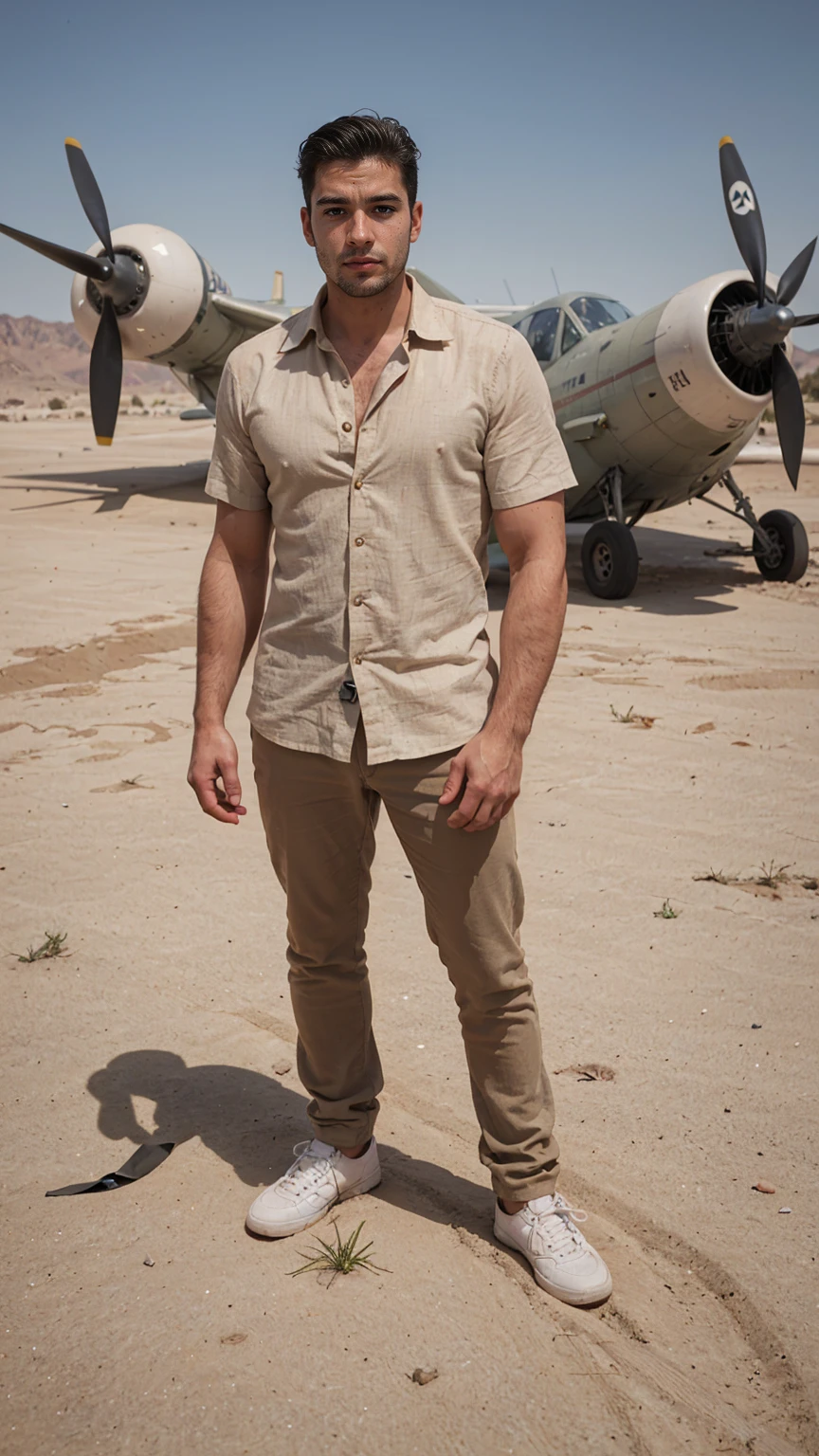 Real image of a handsome athletic Turkish man in his 30s posing in the desert wearing an open beige linen shirt. In the background an abandoned plane.