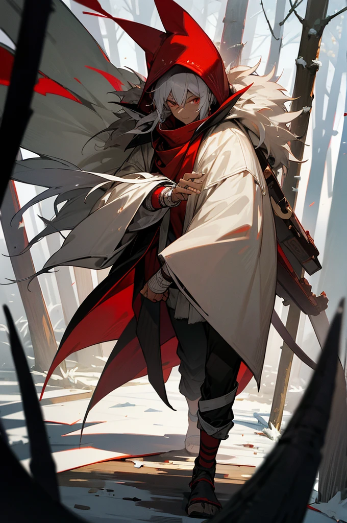 masterpiece, 1male, adult, eyes closed, casual clothes, oversized fur hood, straight white hair, serious expression, red eyes, dark skin, bandages wrapped around arms and hands, scars, walking down path, forest