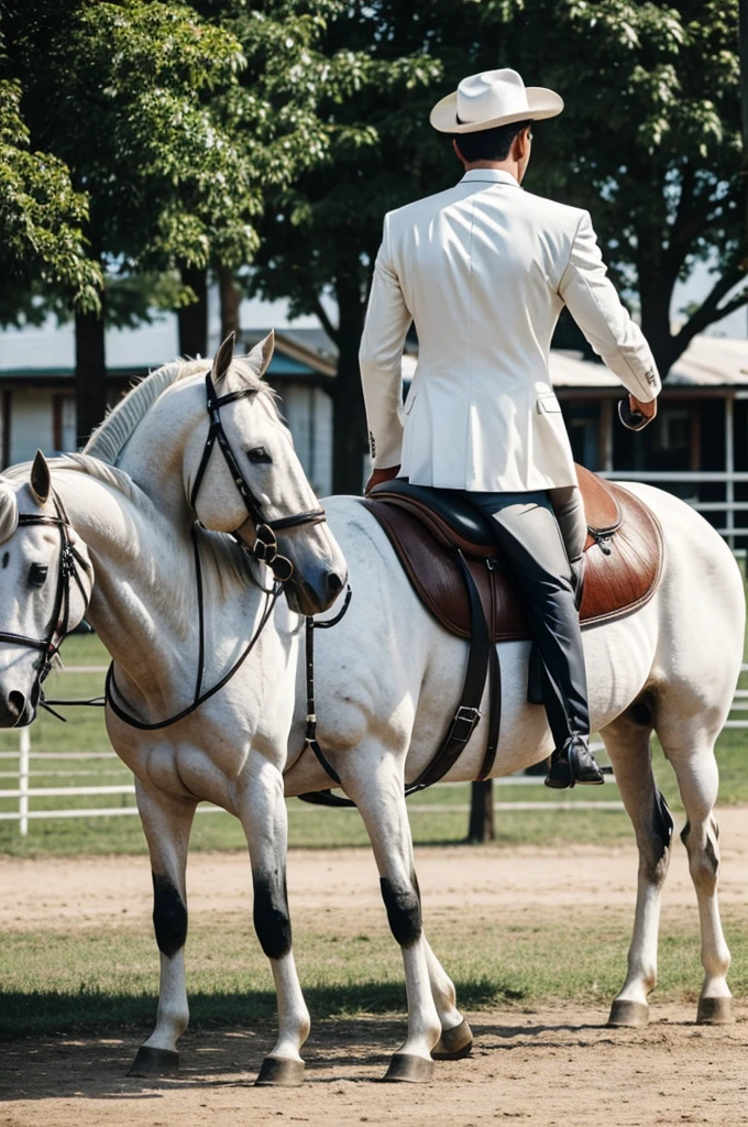 Man in a white suit with his back to him sitting on a horse riding in a small town