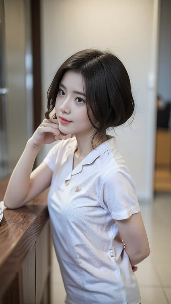 one girl,japanese,cute, masterpiece, textured skin, Highest quality, wear White pajamas,short hair,black color