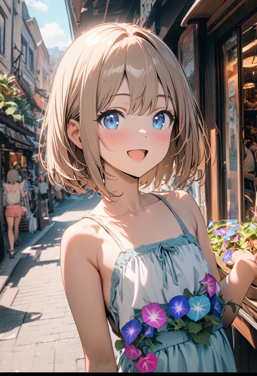 1 girl, 18yo, (flat chest: 1.5), blue eyes, light brown hair, bob cut, summer outfit, smile, open mouth, many potted morning glories, colorful morning glory flowers, upper body, shopping street, bule sky, 8k, RAW photo, best quality, masterpiece, extremely detailed 8k wallpaper, ultra-detailed, best shadow, detailed background, beautiful detailed face, beautiful detailed eyes, nice hands, perfect hands