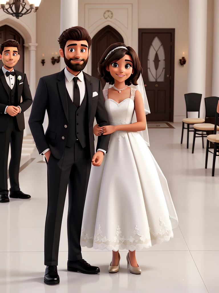 A man in a black suit with short hair and a beard, and a brunette woman in light brown wearing a white wedding dress. Happy couple smiling.