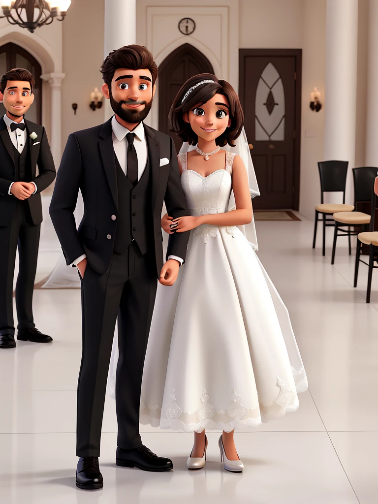 A man in a black suit with short hair and a beard, and a brunette woman in light brown wearing a white wedding dress. Happy couple smiling.