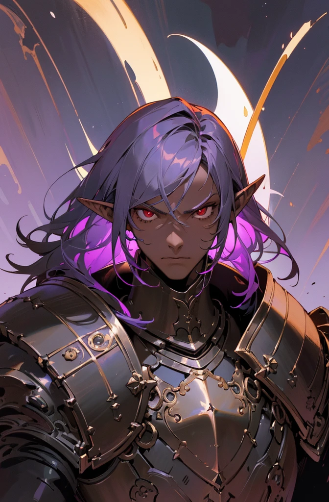 masterpiece, best quality, ultra high res, dark theme, 1boy, (dungeonpunk armor), (mechanical steampunk armor), (wearing armor), fantasy illustration, dark skinned, human, upper body, portrait, red eyes, long white hair, half-drow, pointy ears, serious face, young man, dramatic lighting, purple hue, art by Kinema Citrus