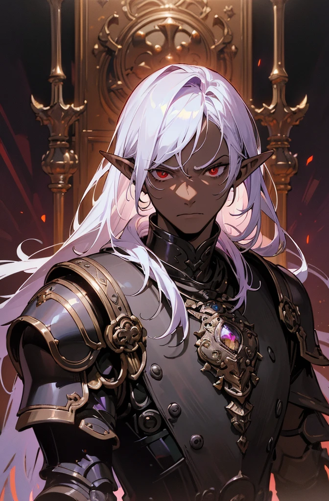 masterpiece, best quality, ultra high res, dark theme, 1boy, (dungeonpunk armor), (mechanical steampunk armor), (wearing armor), fantasy illustration, dark skinned, human, upper body, portrait, red eyes, long white hair, half-drow, pointy ears, serious face, young man, dramatic lighting, purple hue, art by Kinema Citrus