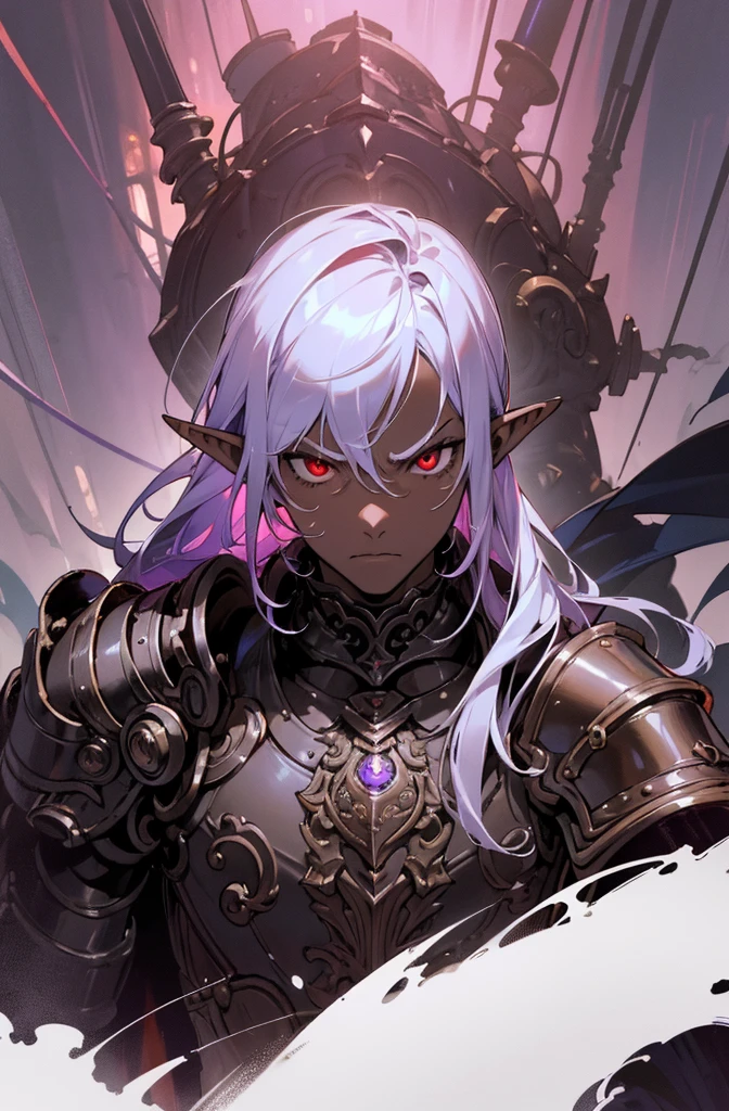 masterpiece, best quality, ultra high res, dark theme, 1boy, (dungeonpunk armor), (mechanical steampunk armor), (wearing armor), fantasy illustration, dark skinned, human, upper body, portrait, red eyes, long white hair, half-drow, pointy ears, serious face, young man, dramatic lighting, purple hue, art by Kinema Citrus
