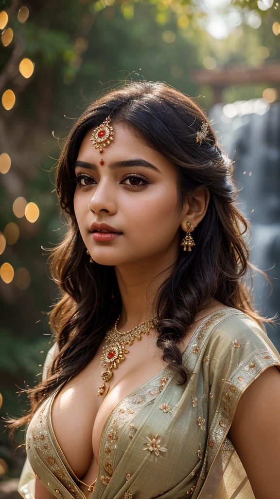 masterpiece), (best quality:1.7), (finely detailed eyes and detailed face), (detail:1.3, best quality, (ultra-detailed), (an extremely delicate and beautiful),cinematic light,dynamic angle,floating, (best quality:1.3),((disheveled hair:1.2),(beautiful detailed eyes:1.1), Indian teen girl, wearing saree , cleavage full , big huge breast , charming face , seductive pose, temple meadows waterfall background , bokeh , flower on hair
