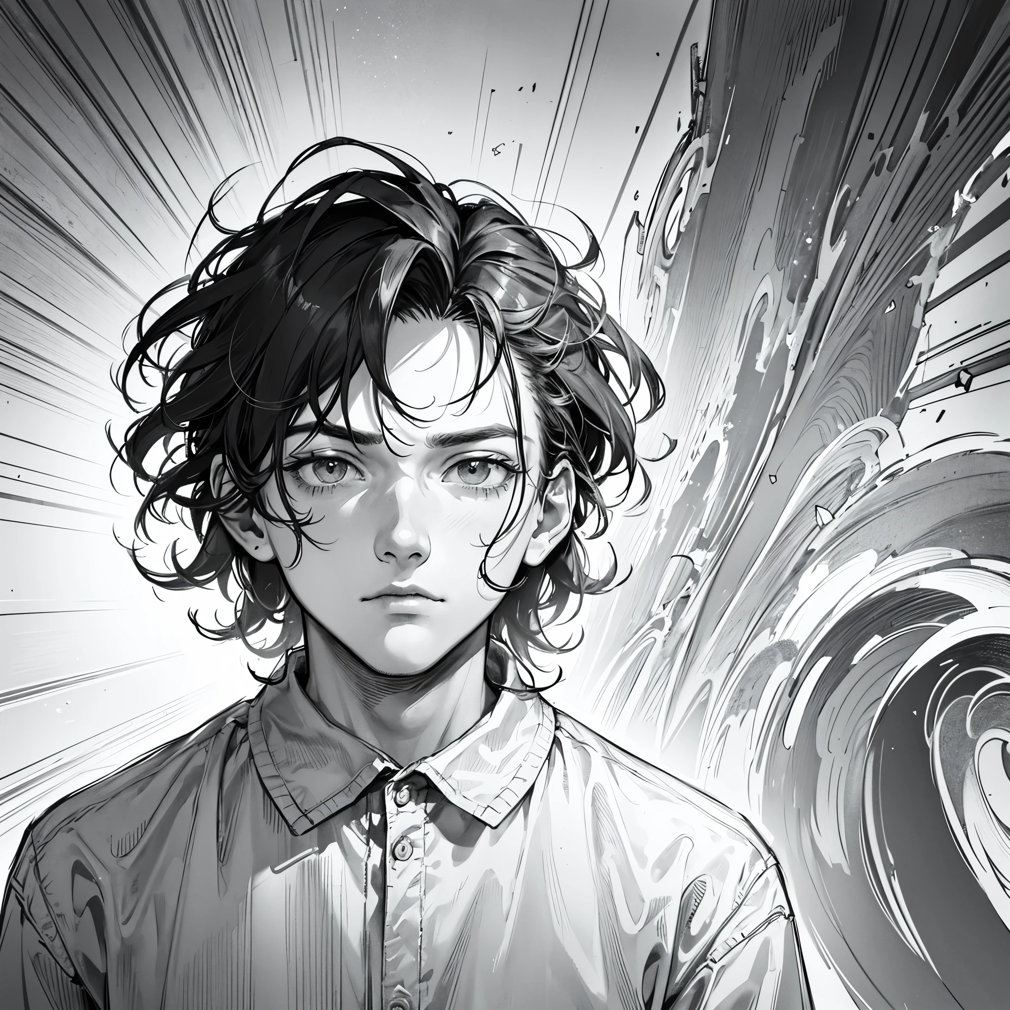 face of a young man with a tired and sleepy expression, messy hairstyle, just a face, facial detail, expression detail, sketch, line drawing, line art, front view,anatomically correct, award winning