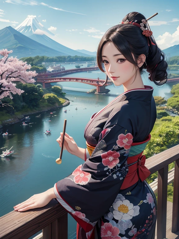 (Highest quality、masterpiece、High resolution、8K)、Colorful、Ukiyo-e、Utamaro、Looking back beauty、Taiko Bridge、river、Mount Fuji in the distance、Official Art、