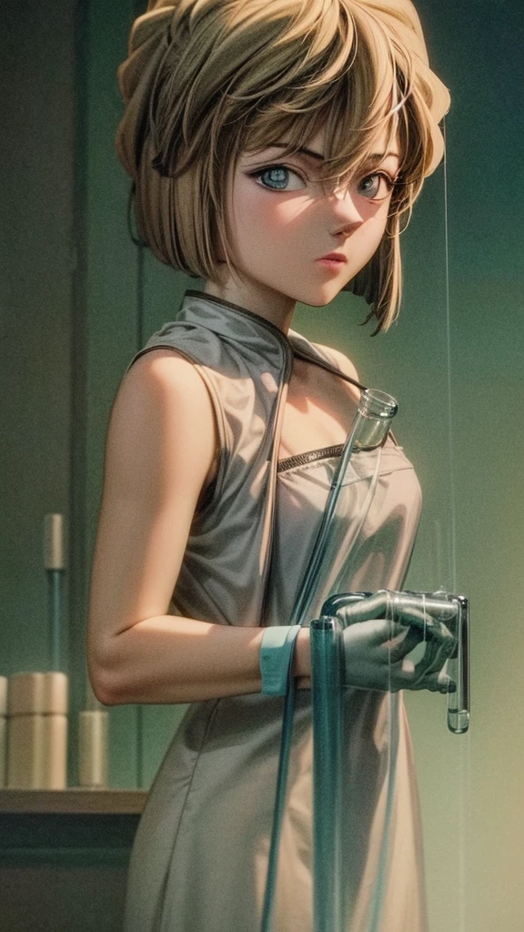 Huiyuan Ai in a white lab coat, beautiful detailed eyes, beautiful detailed lips, extremely detailed face, long eyelashes, scientific equipment, microscope, beakers, test tubes, glass bottles, grey color scheme, cinematic lighting, dramatic shadows, highly detailed, 8K, photorealistic, digital art, hyperrealistic, concept art