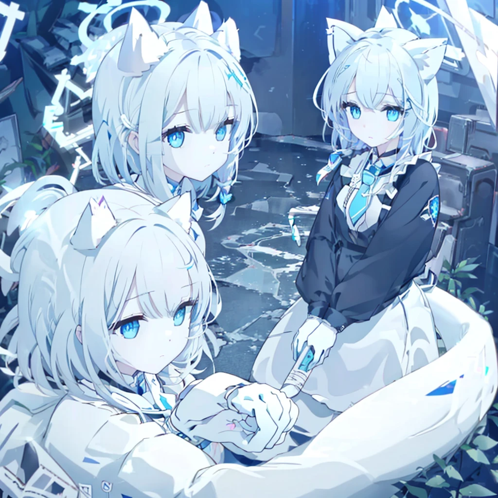 Women's hands,little white hands blue eyes,There are bright spots in the expressionless eyes,Wearing white maid gloves,White cat ears on head,There is a white cat tail behind