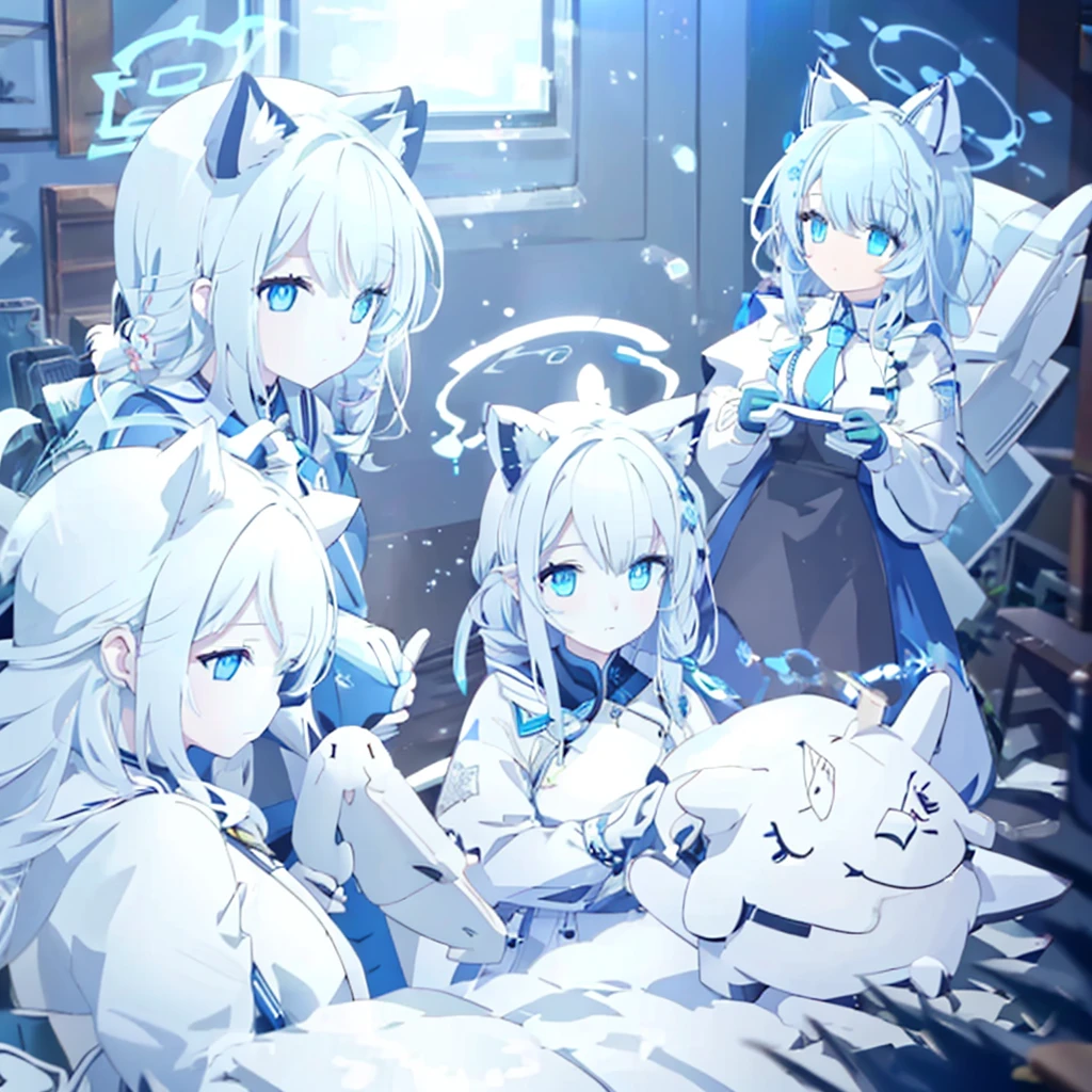 Women's hands,little white hands blue eyes,There are bright spots in the expressionless eyes,Wearing white maid gloves,White cat ears on head,There is a white cat tail behind