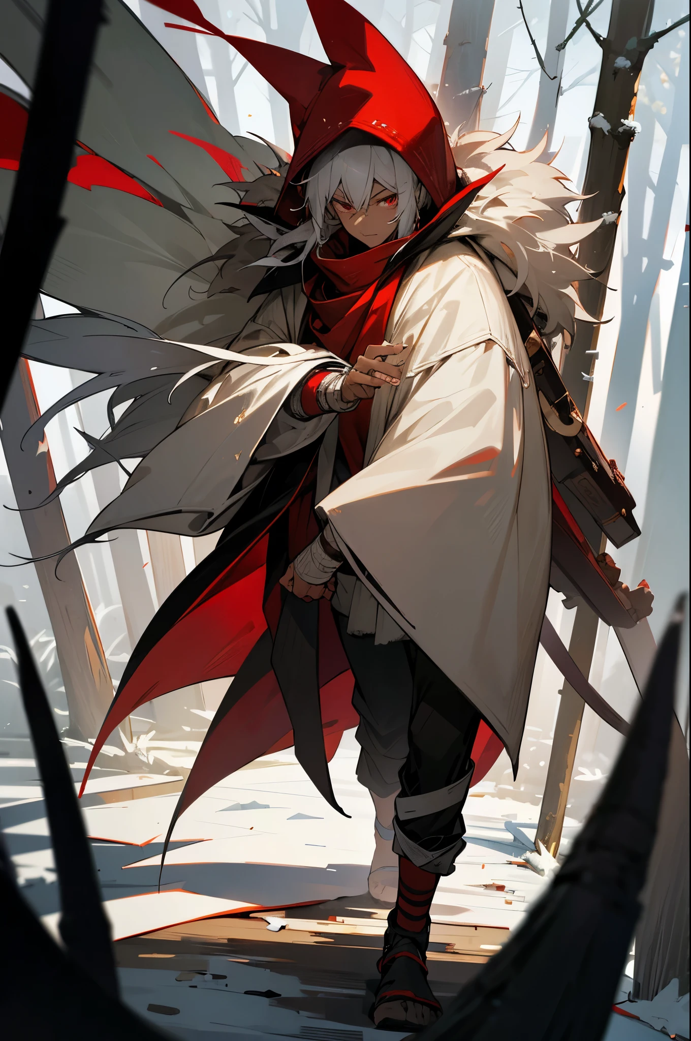 masterpiece, 1male, adult, eyes closed, casual clothes, oversized fur hood, straight white hair, serious expression, red eyes, dark skin, bandages wrapped around arms and hands, scars, walking down path, forest